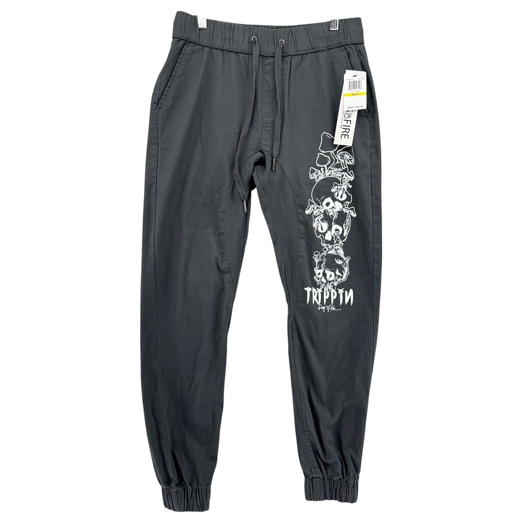 Ring of Fire Jogger Pants Charcoal Trippin Skull Mushroom Drawstring M